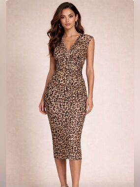 Flavio Castellani Stretch Silk Leopard Print Ruched Bodycon Dress